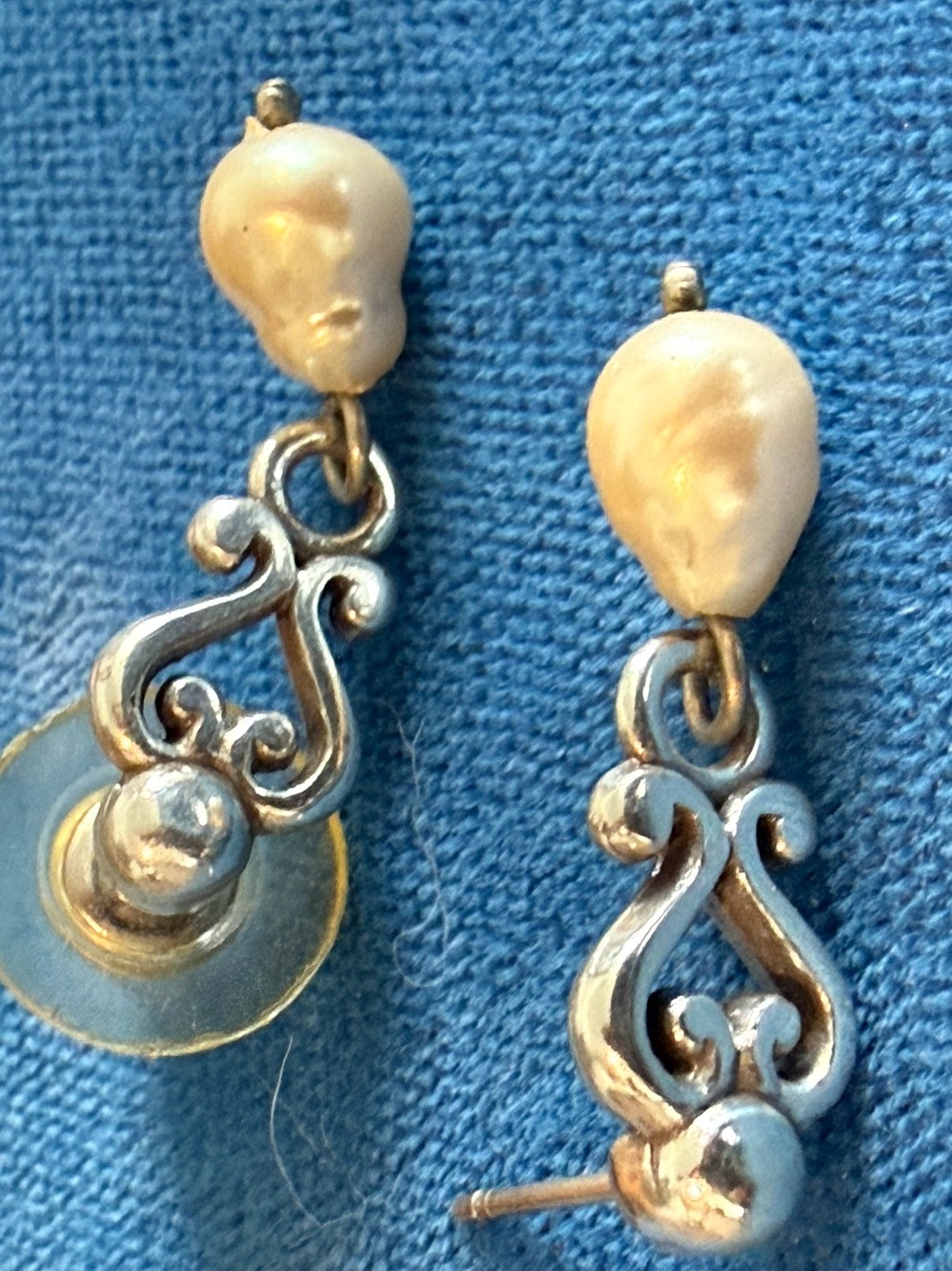 Cream Pearl and Silver Scroll Drop Earrings - Women Jewelry